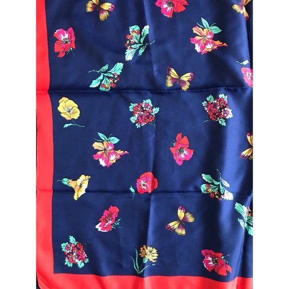 Vintage JP Collections Blue Red Floral Butterflies Scarf 30” x 31” - Picture 6 of 8